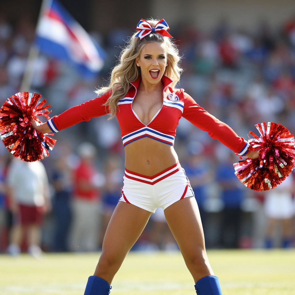 Energetic Cheerleader in Red White and Blue Uniform Performing on Field