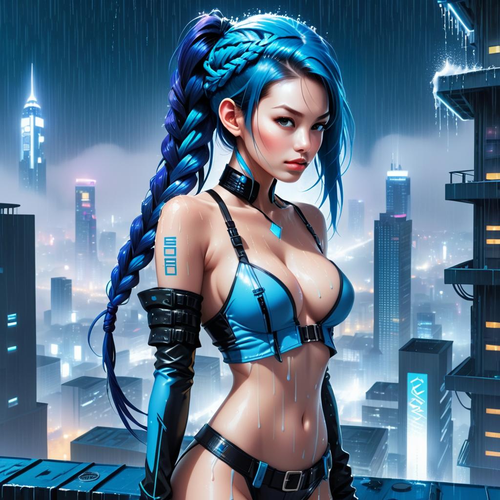 Cyberpunk Woman with Blue Hair in Futuristic Cityscape
