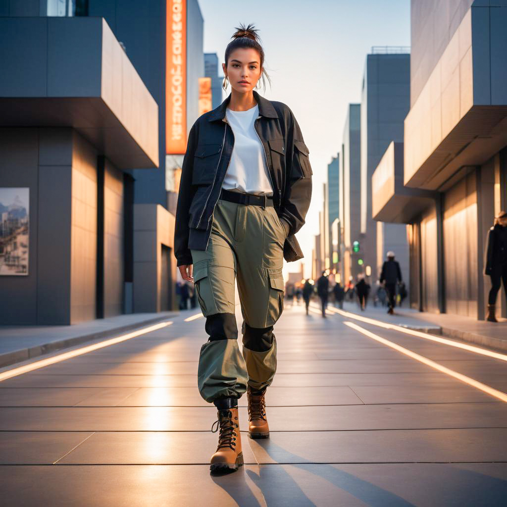 Confident Woman in Stylish Cargo Pants in Urban Landscape