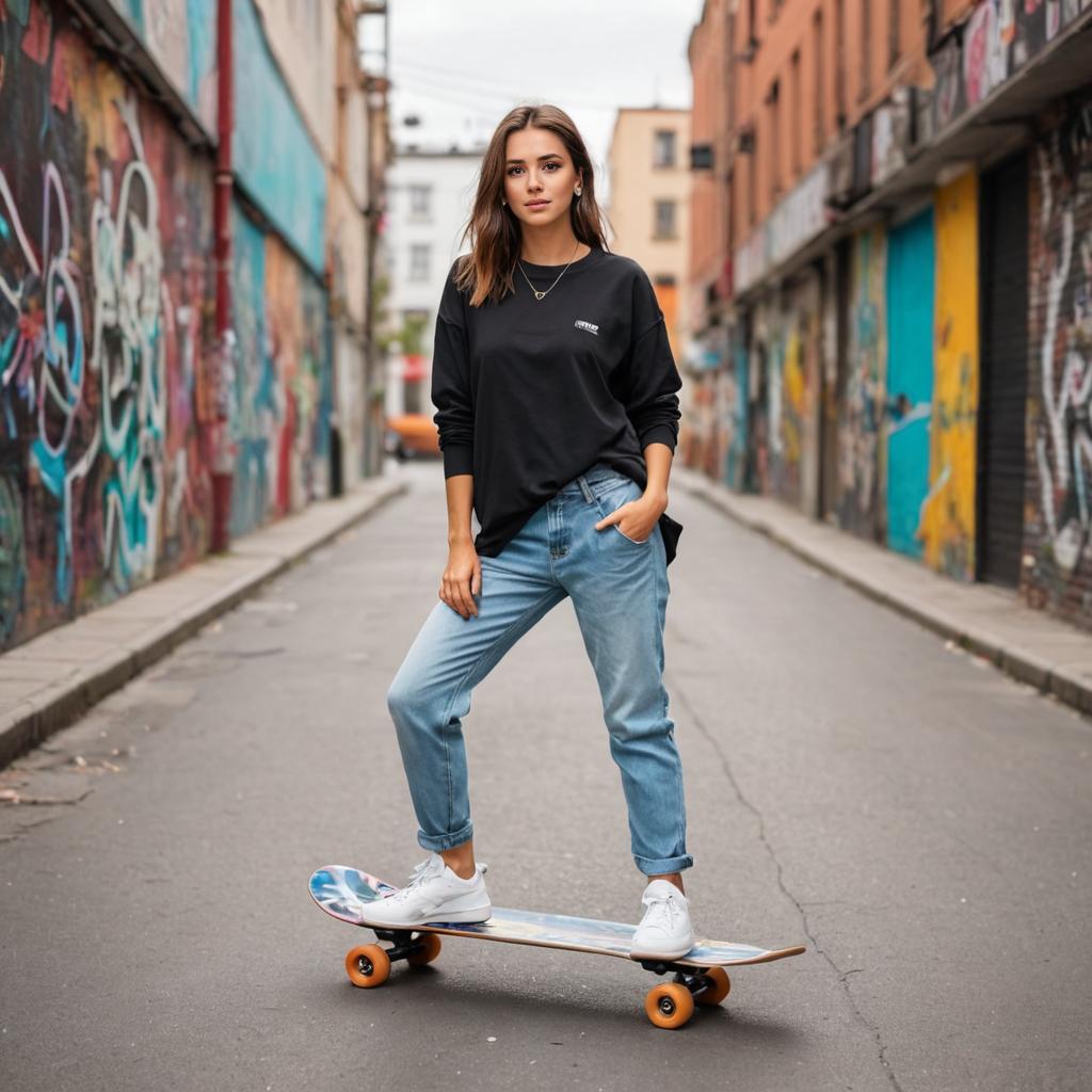 Confident Woman on Skateboard in Graffiti Alley