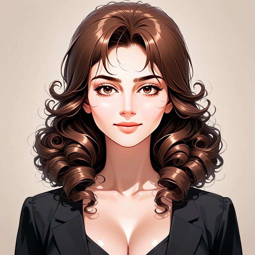 Elegant Woman with Curly Brown Hair in Black Blazer Digital Illustration