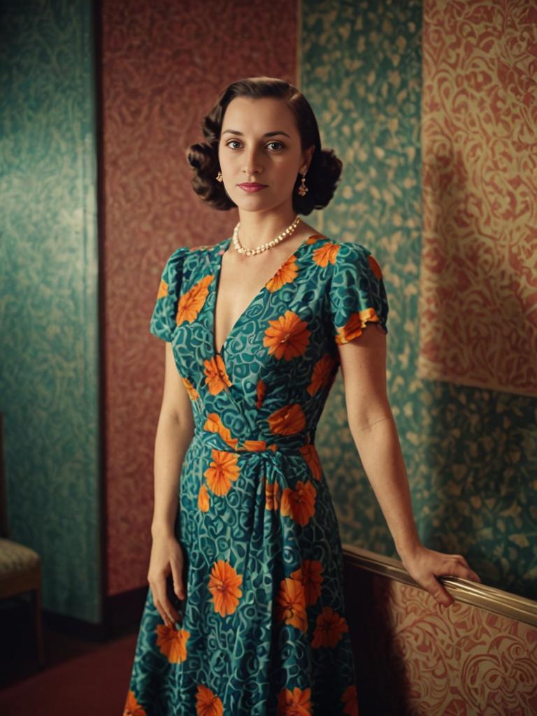 Elegant Woman in Vintage Floral Dress