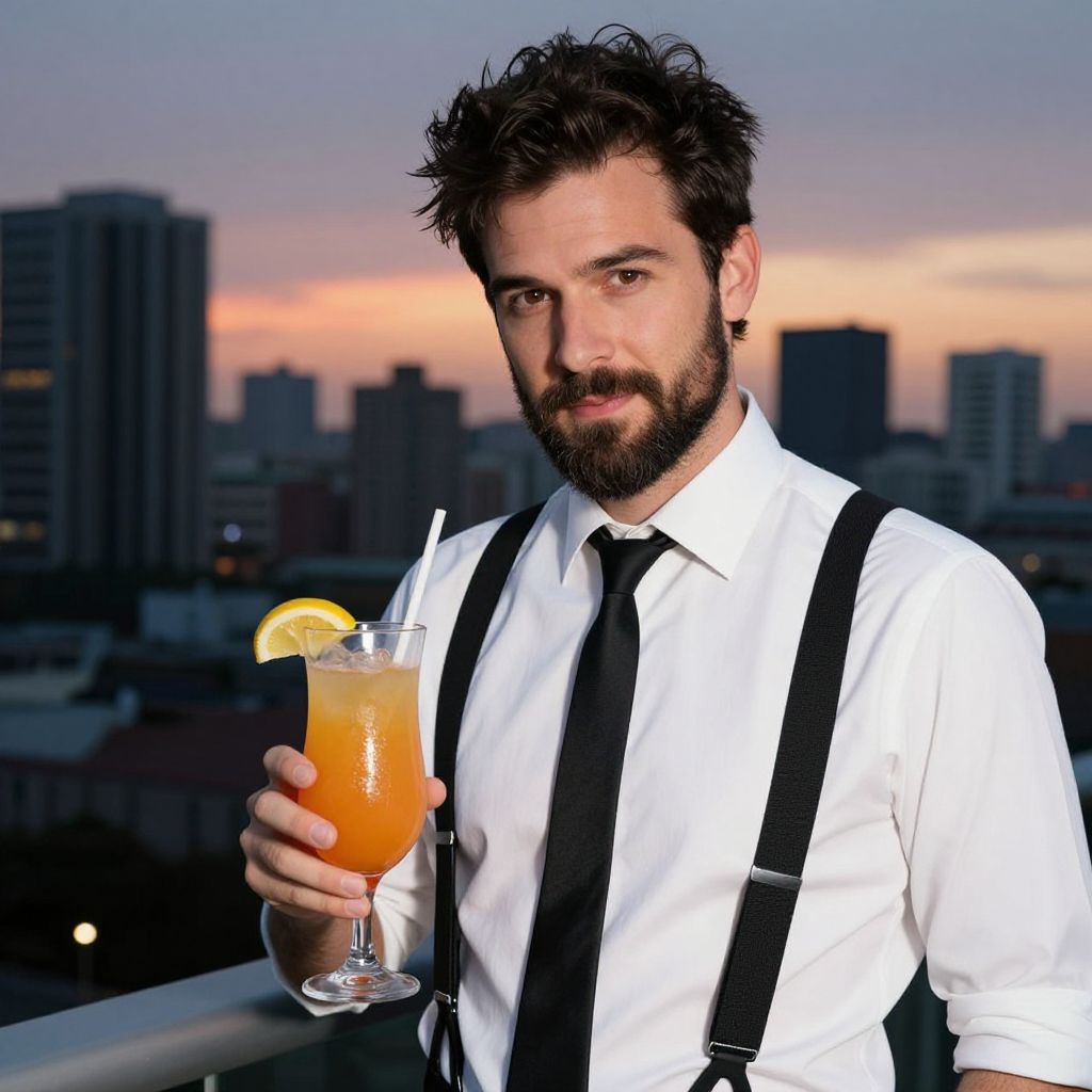 Stylish Man Holding Cocktail on Rooftop at Sunset