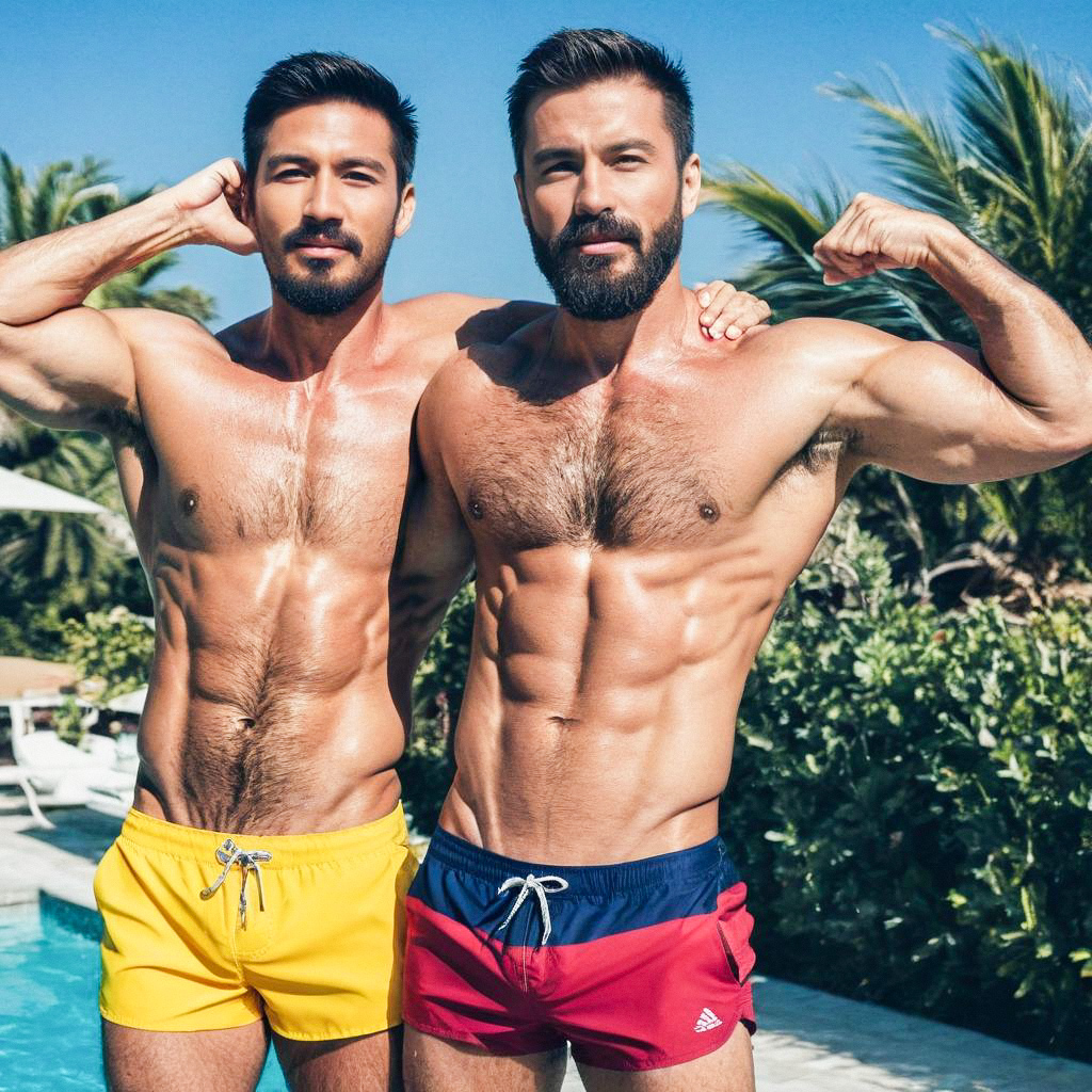 Muscular Men Flexing by Pool