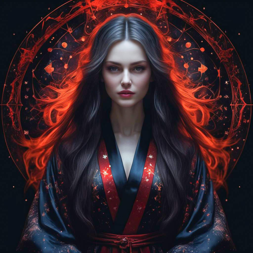 Elegant Woman in Kimono with Cosmic Backdrop