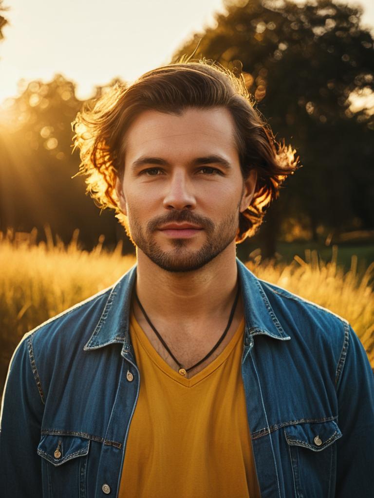 Man in Summer Casual Costume Photorealistic Outdoor Portrait Golden Hour