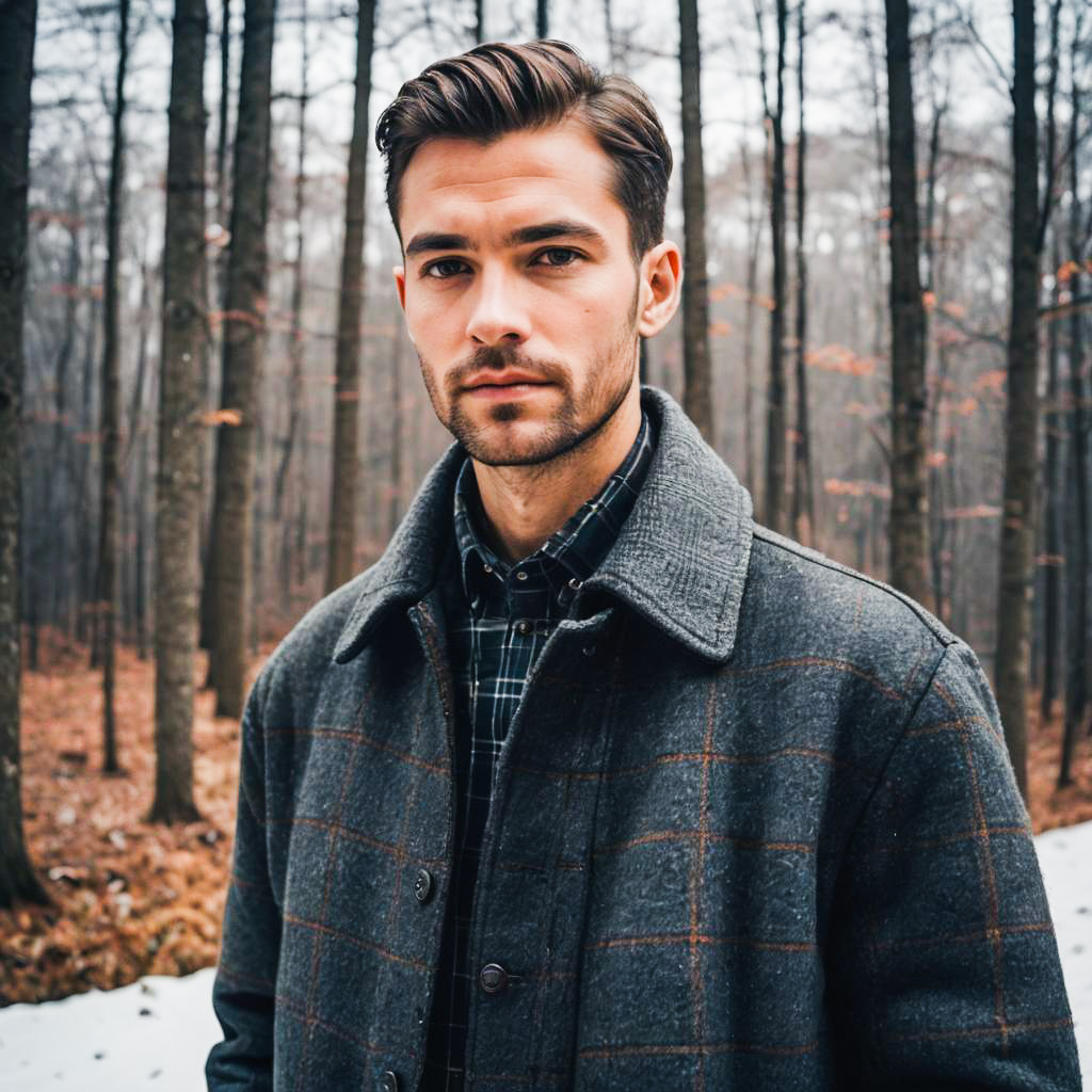 Stylish Man in Winter Forest