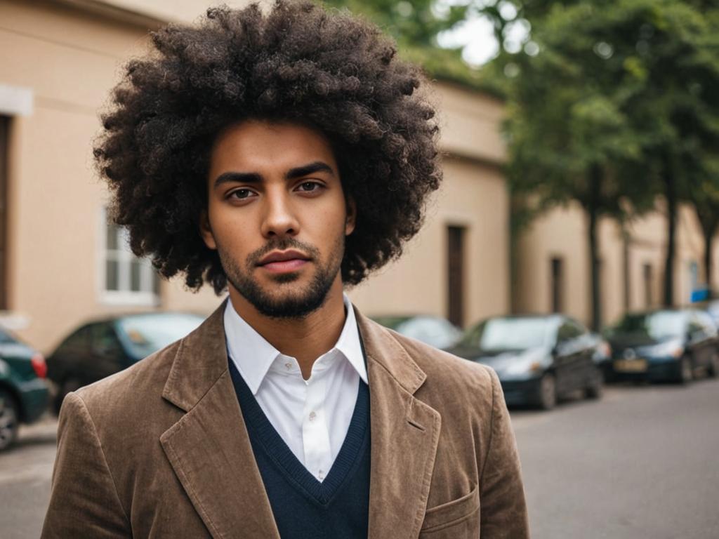 Confident man with afro in stylish brown jacket