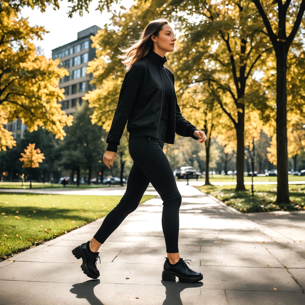 Stylish Woman in Urban Park with Fall Foliage