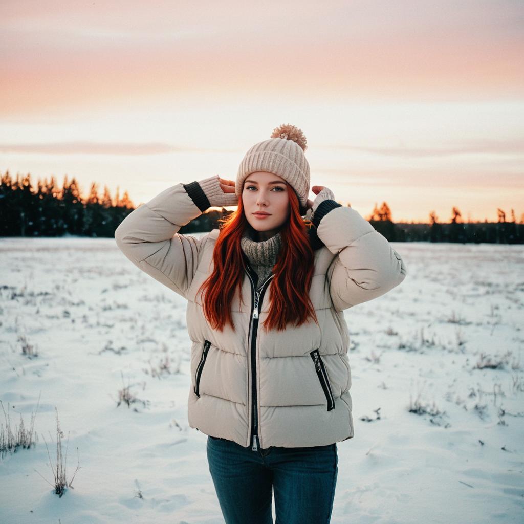 Young Woman in Snowy Field at Sunset
