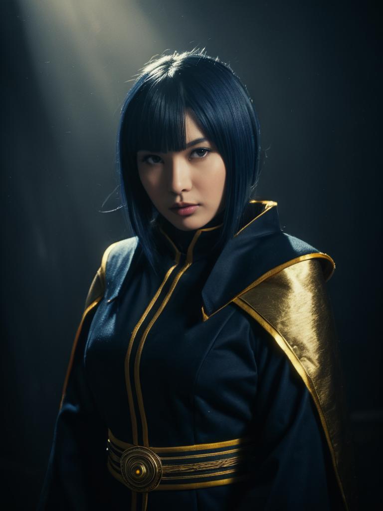 Realistic Cosplay Woman Wearing Konan Costume with Gold Trim
