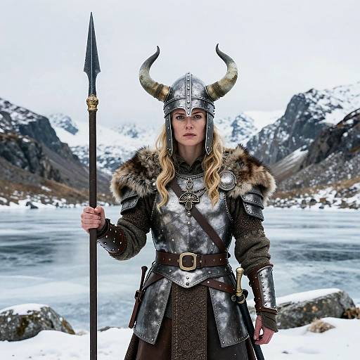 Viking Woman Warrior in Armor Holding Spear on Frozen Lake