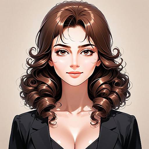 Elegant Woman with Curly Brown Hair in Black Blazer Digital Illustration