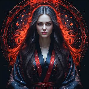 Elegant Woman in Kimono with Cosmic Backdrop