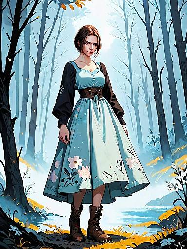 Medieval Dark Fantasy Woman in Floral Dress Standing in Foggy Forest