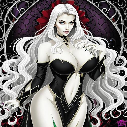 Carmilla Anime Artwork Featuring Gothic Woman with Long White Hair