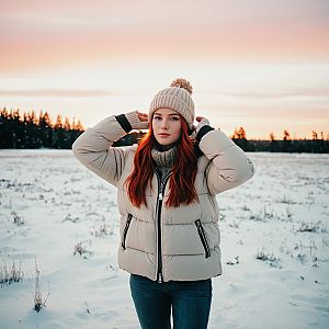 Young Woman in Snowy Field at Sunset