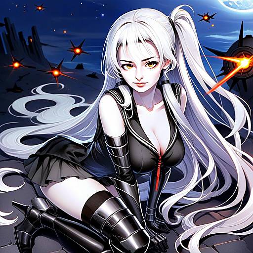 Anime Woman with White Hair in Futuristic Black Armor at Night