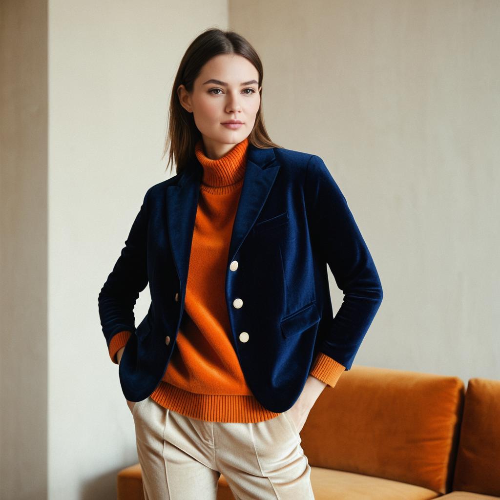 Stylish Woman in Navy Velvet Blazer and Orange Turtleneck Sweater
