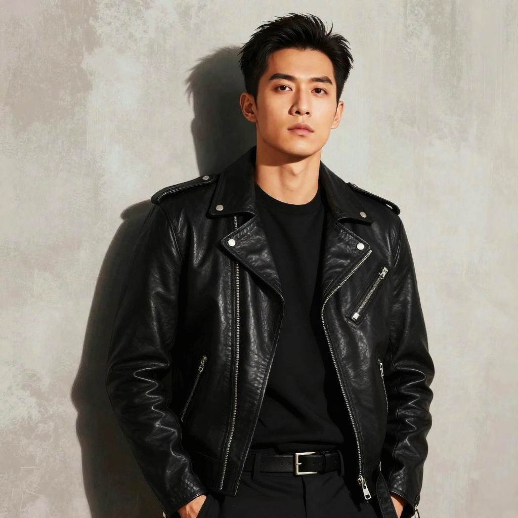 Stylish Young Man in Black Leather Jacket Against Gray Background