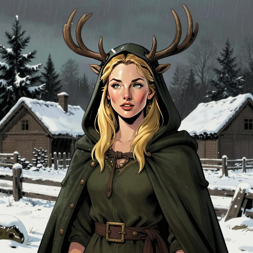 Fantasy Woman in Medieval Cloak with Antlers in Snowy Village
