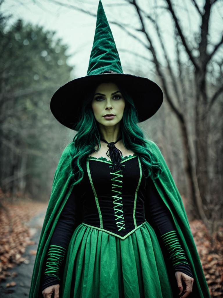 Photorealistic Woman in Green Witch Costume Halloween Cosplay