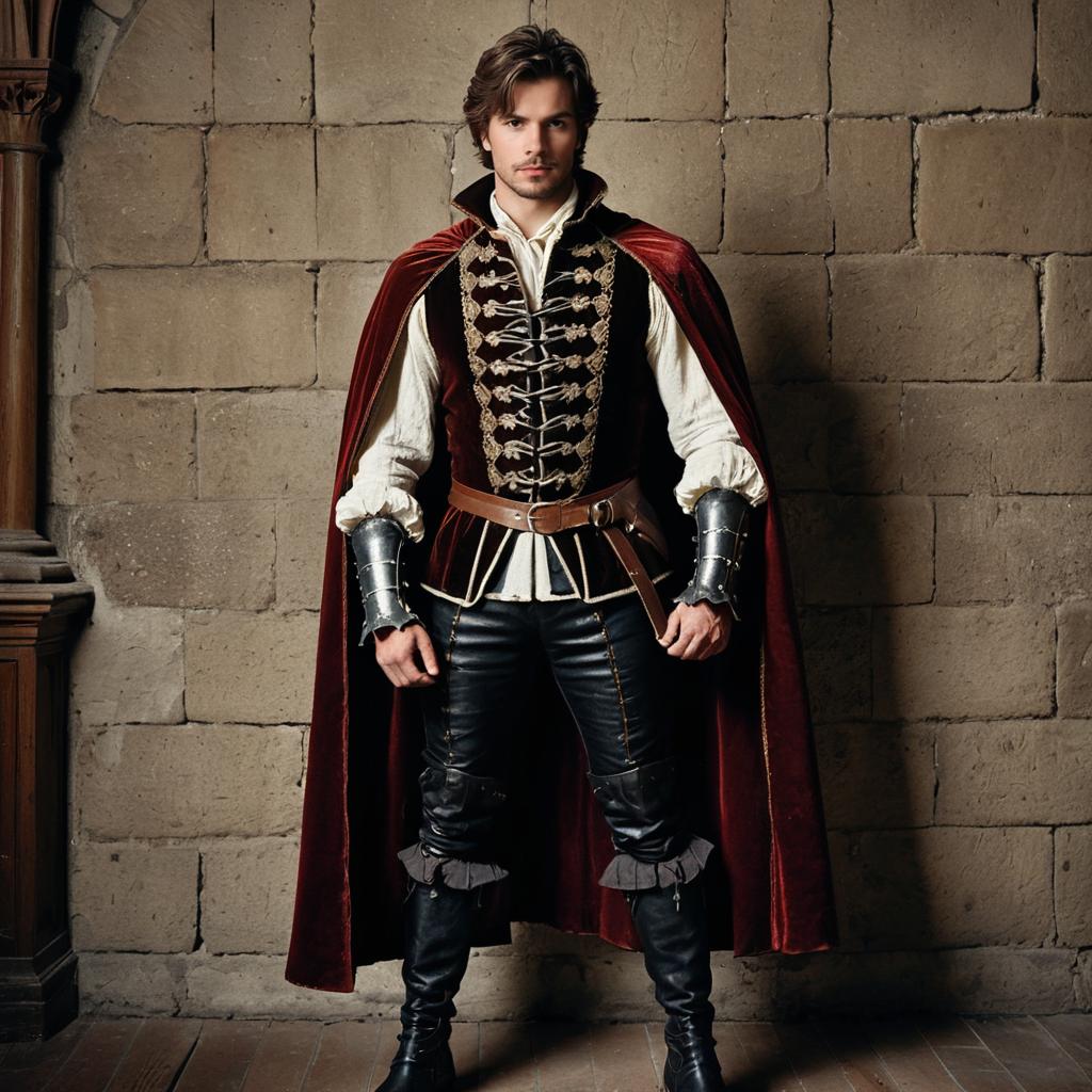 Renaissance Style Man in Historic Noble Costume with Velvet Cape