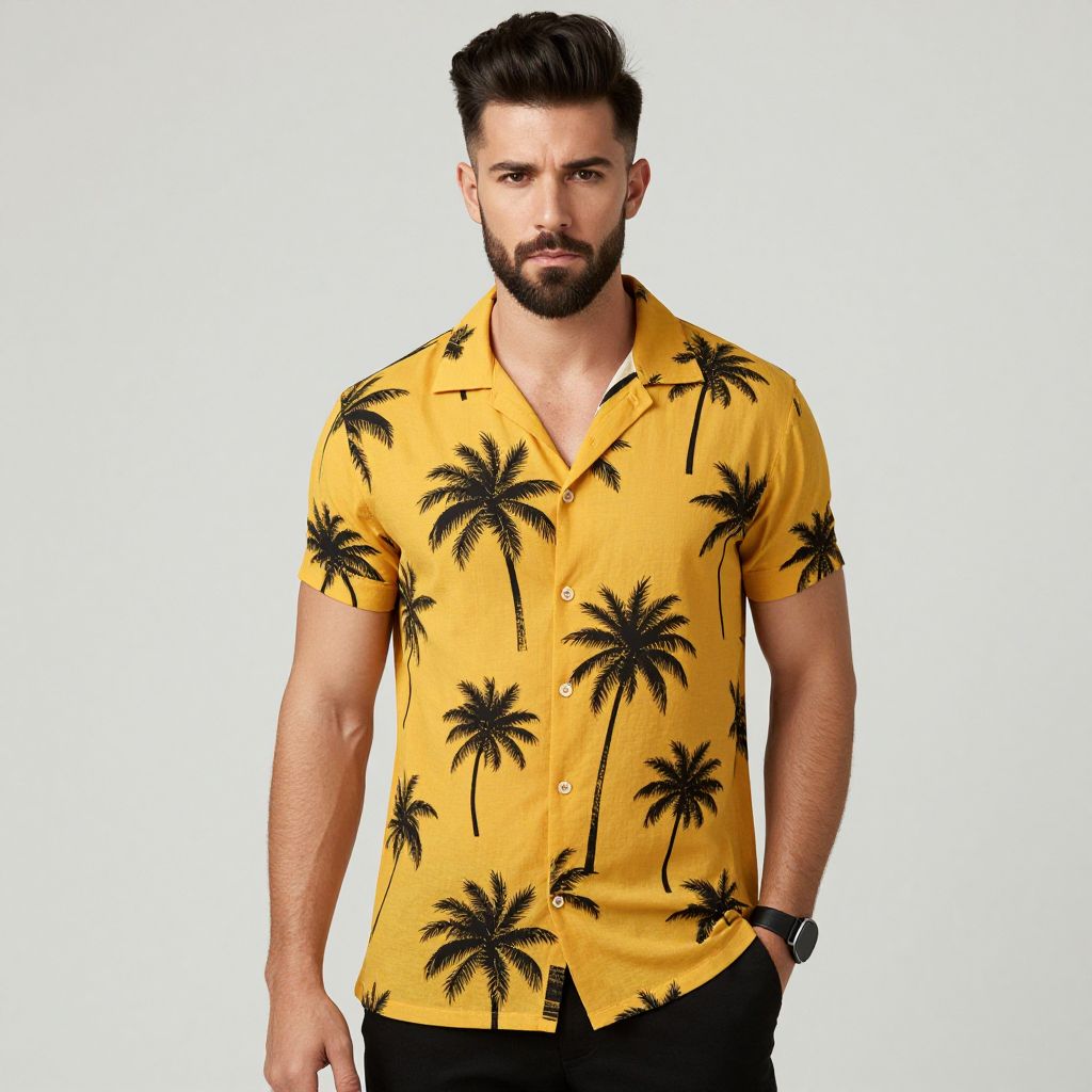 Man Wearing Yellow Palm Tree Print Shirt Styled Casual Summer Fashion