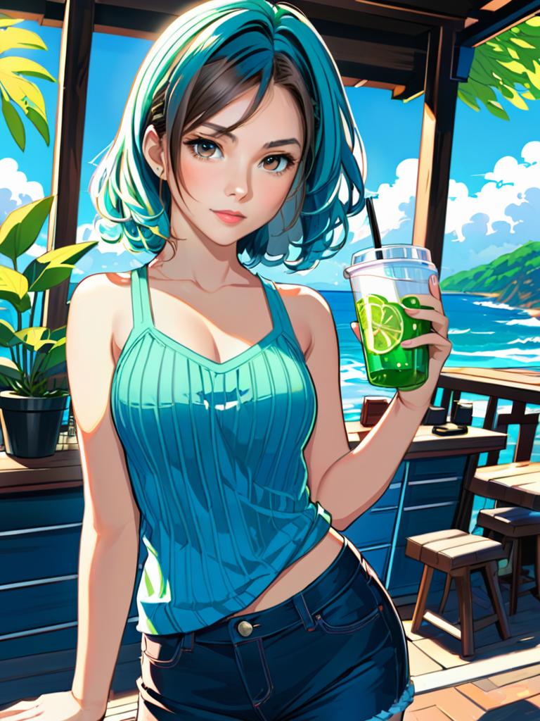 Anime girl with turquoise hair enjoying drink on beach deck