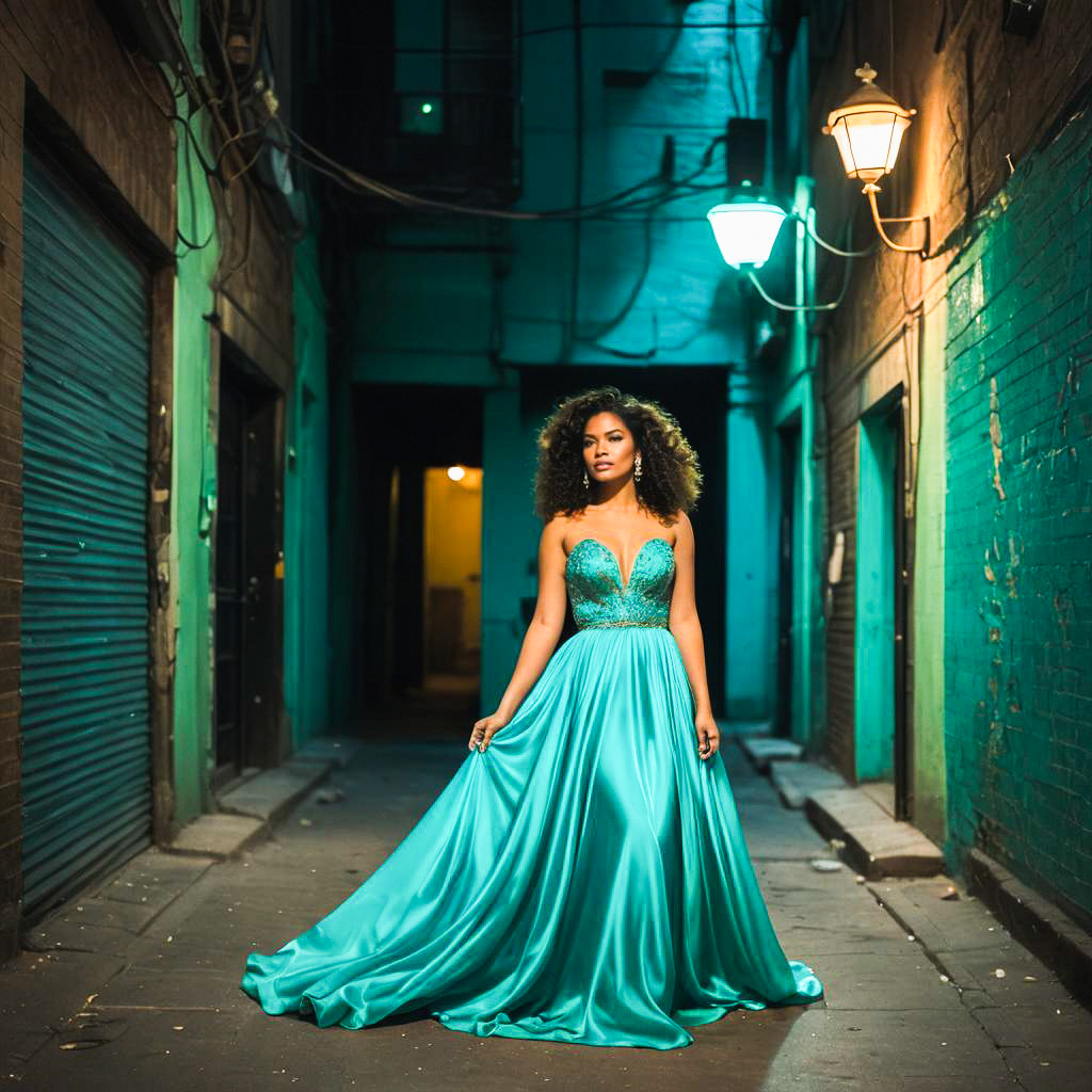 Elegant Woman in Turquoise Gown in Alleyway