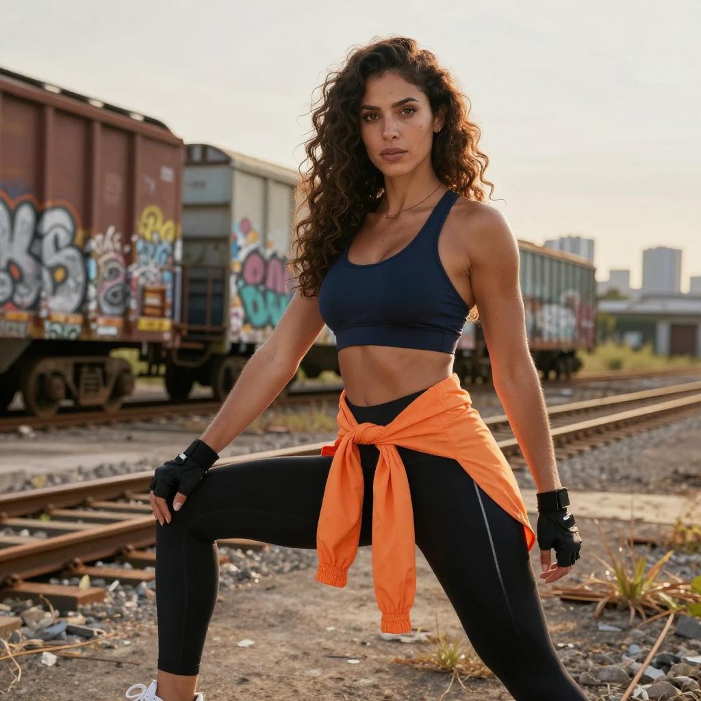 Fit Woman in Sportswear Posing on Railway Track with Graffiti Background