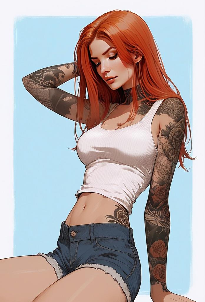 Confident Woman with Red Hair and Tattoos