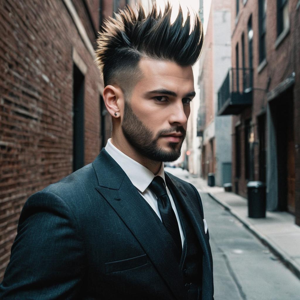 Stylish Man with Spiked Hair and Beard in Urban Alleyway Wearing Suit