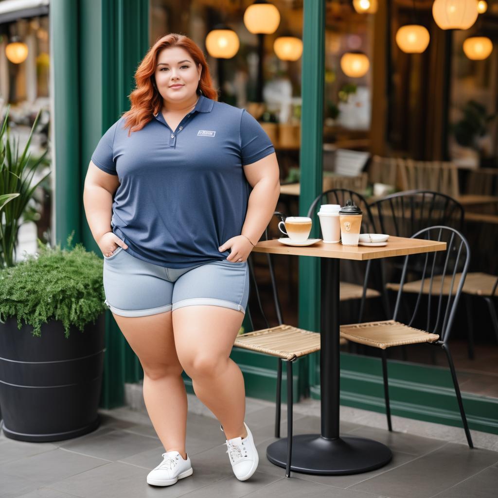 Confident Woman at Café in Blue Polo and Denim Shorts