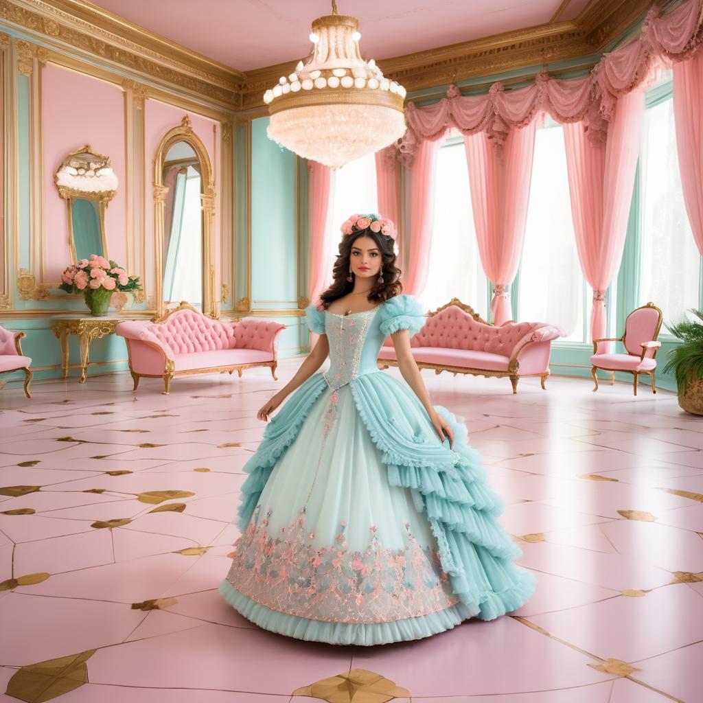 Woman in Light Blue Gown in Elegant Pastel Room