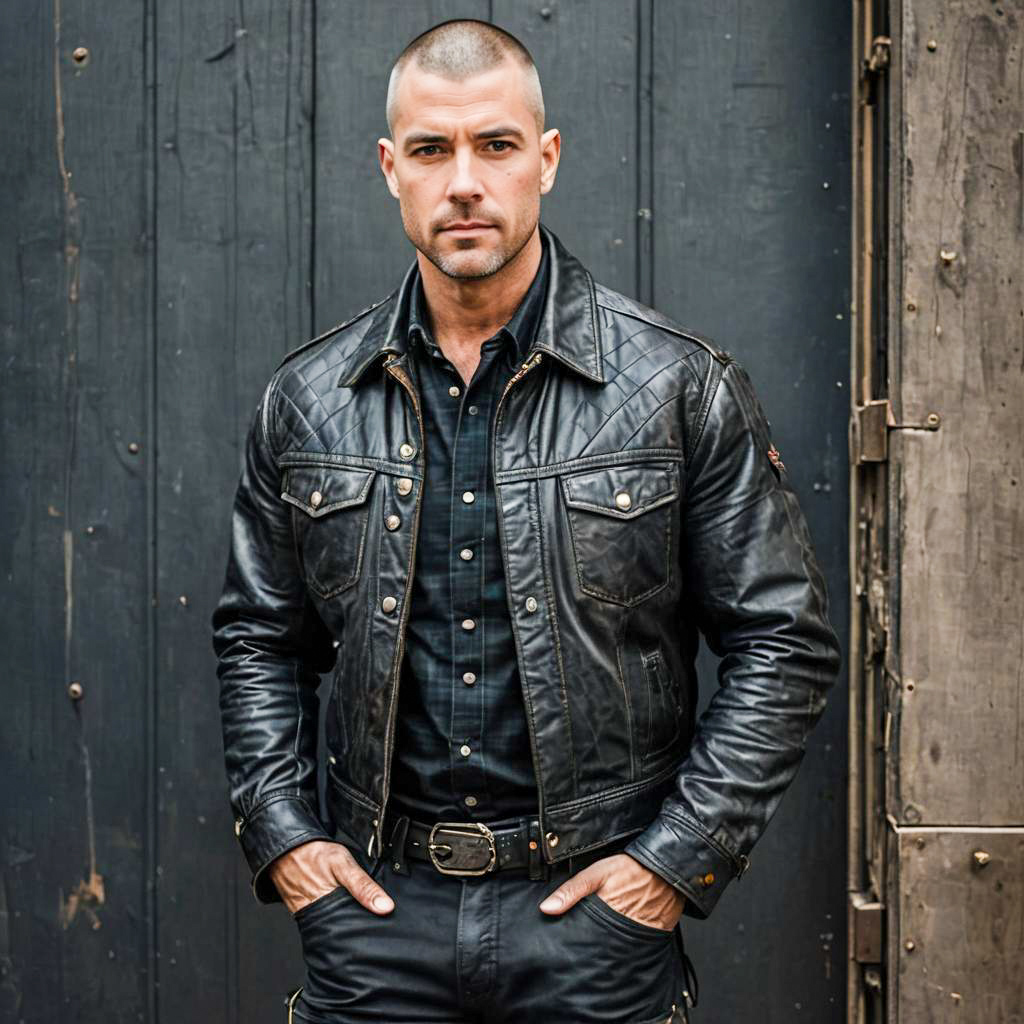 Man Wearing Black Leather Jacket Against Dark Urban Background
