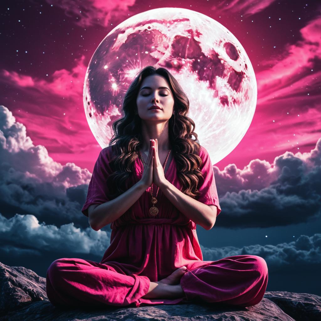 Meditating Woman Under Surreal Full Moon with Cosmic Night Sky