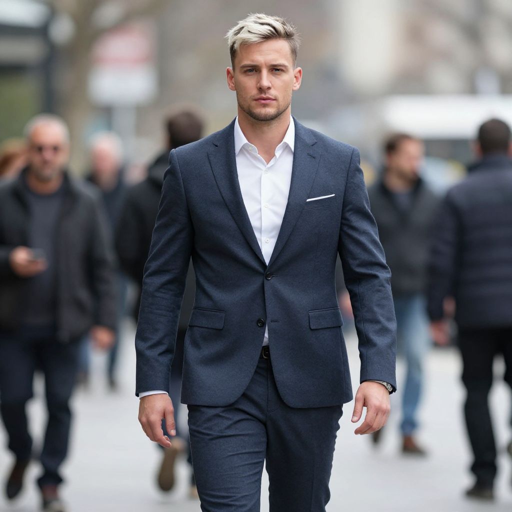 Confident Young Man Walking in Navy Blue Suit on City Street