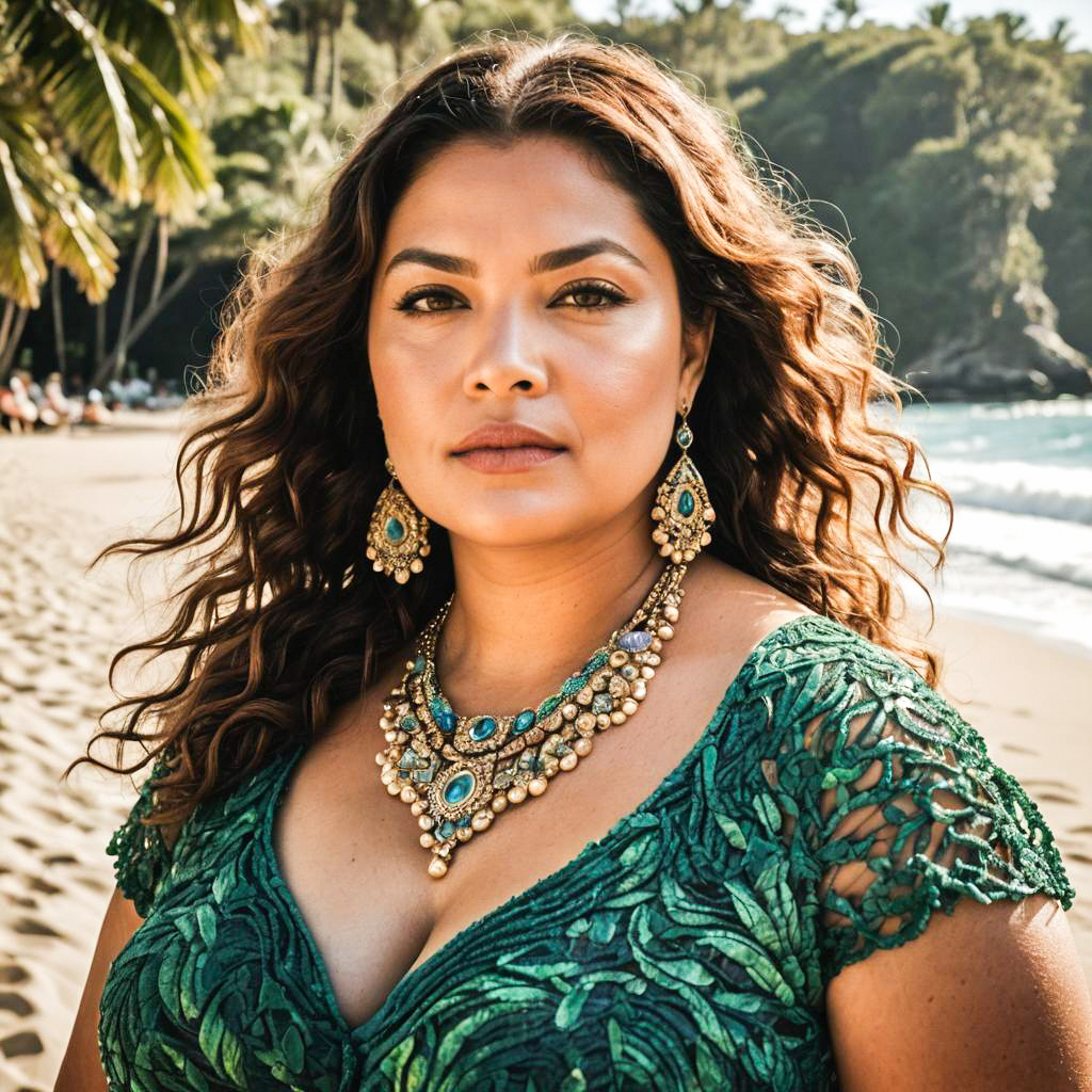 Elegant Woman in Green Dress at Beach