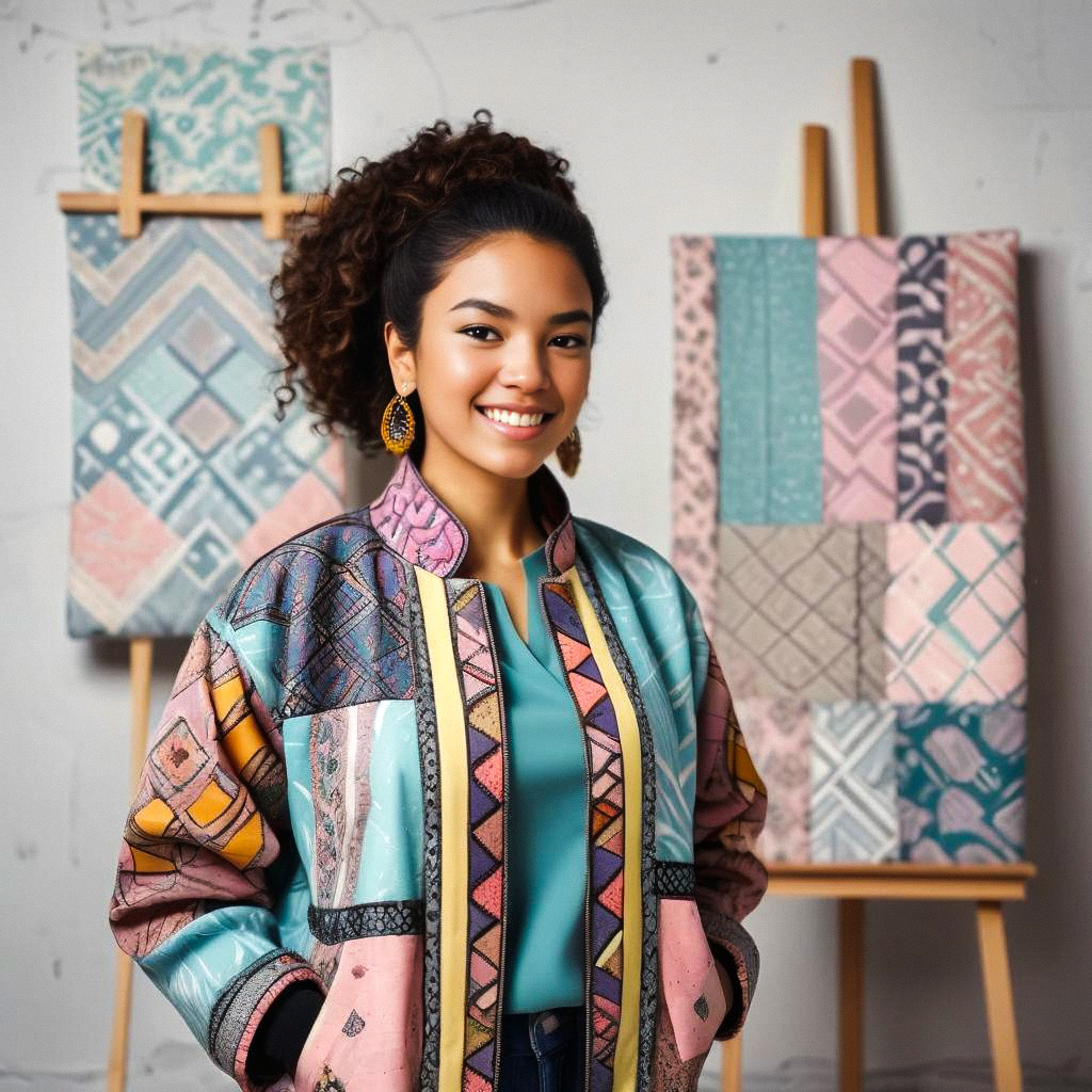 Confident Woman in Colorful Jacket with Abstract Art Confident Woman in Colorful Jacket with Abstract Art