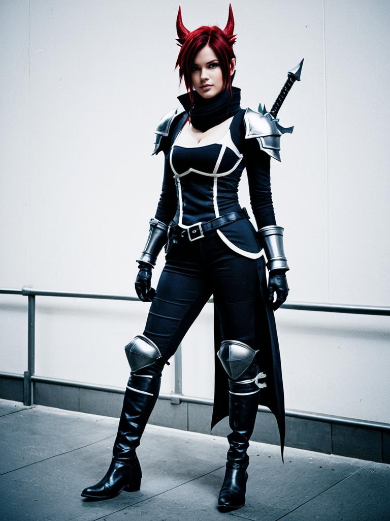 Cait Sith FF7 Inspired Dark Fantasy Cosplay Woman with Armor and Sword
