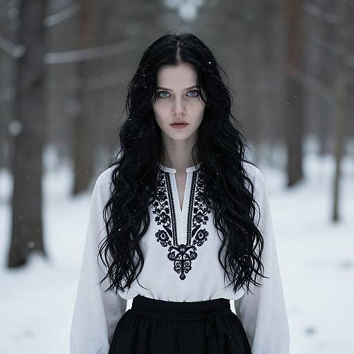 Woman in Traditional Embroidered Blouse Standing in Snowy Forest