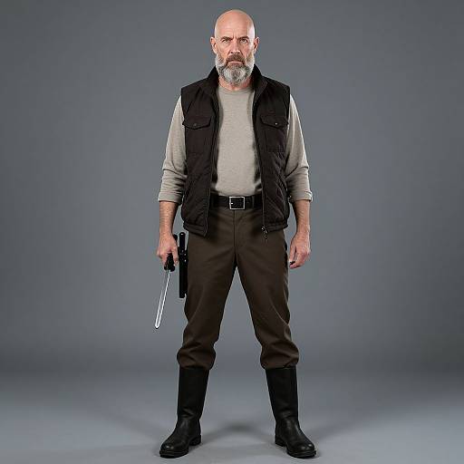 Rugged Mature Man Holding Knife in Outdoor Clothing