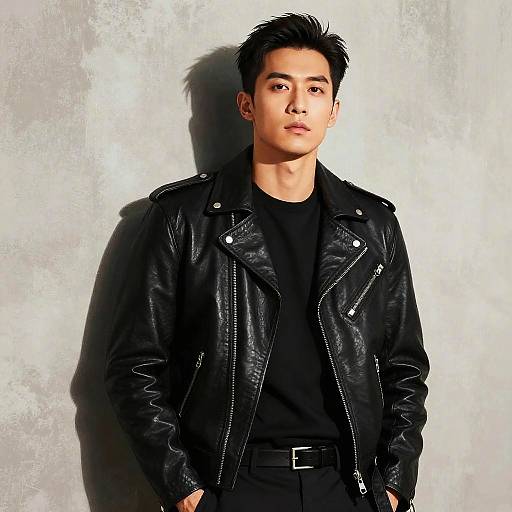 Stylish Young Man in Black Leather Jacket Against Gray Background