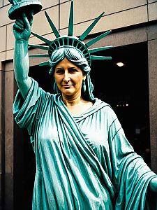 Woman in Realistic Statue of Liberty Costume in Urban Setting