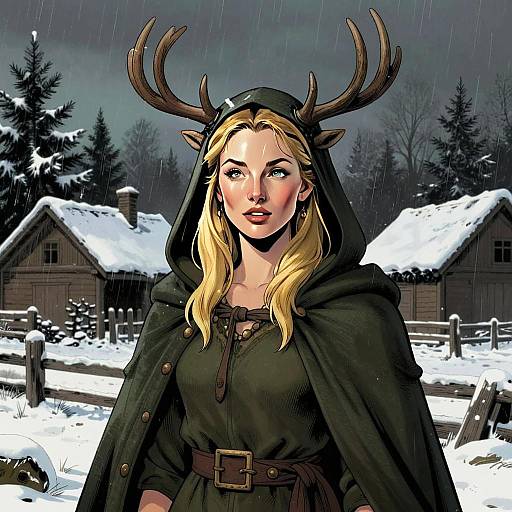 Fantasy Woman in Medieval Cloak with Antlers in Snowy Village