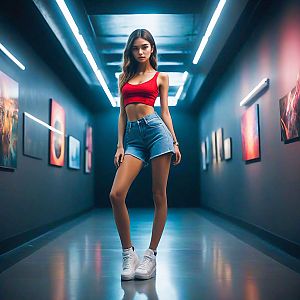 Confident Woman in Urban Corridor