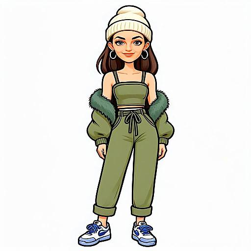 Stylish Woman in Olive Green Streetwear Digital Illustration