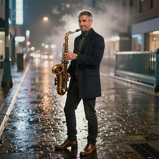 Man Playing Saxophone on Wet Night Street Urban Jazz Scene