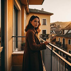 Woman in Brown Coat on Balcony Overlooking European Village at Sunset
